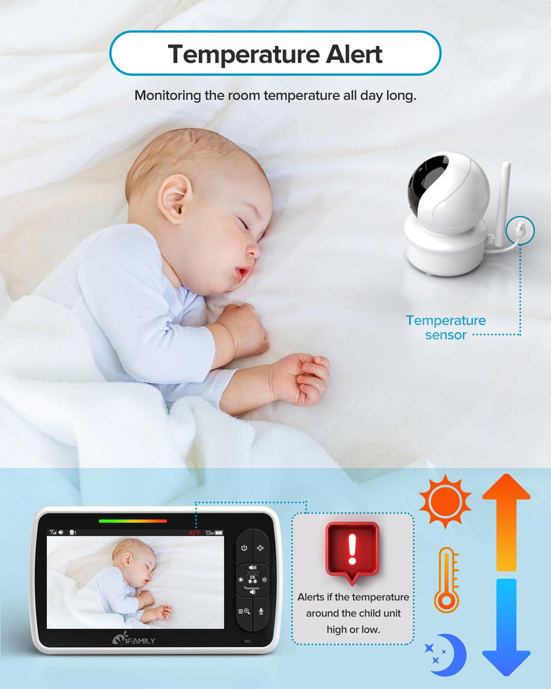 [Australia] - iFamily Baby Monitor - Large 5" Screen with 30Hrs Battery Life - Remote Pan-Tilt-Zoom;No WiFi, Two-Way Audio, Night Vision, Temperature, Lullabies, 960ft Long Range Baby Monitor with Camera and Audio 1 Camera 