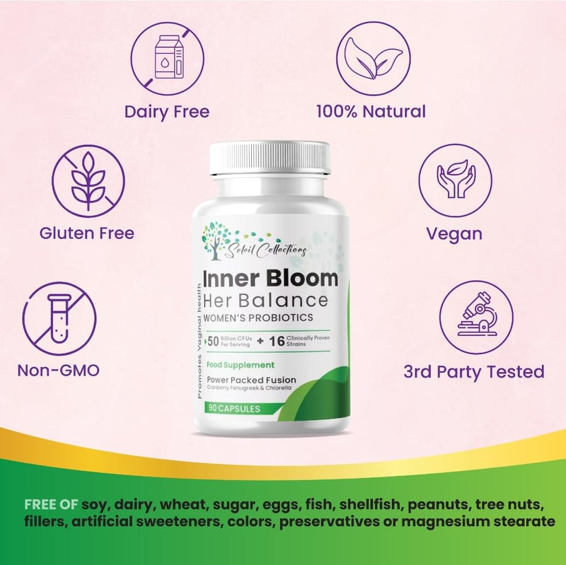 Inner Bloom Probiotics for Women | 50 Billion CFU + 15,000mg Cranberry, Fenugreek & Chlorella | Supports Intimate & Gut Health | Bio Cultures | 90 Count