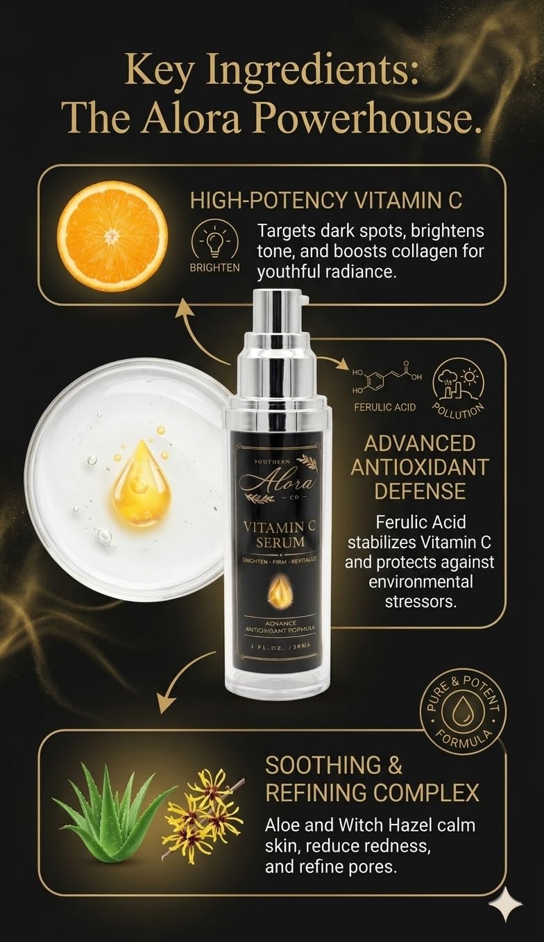 Southern Alora Vitamin C Serum for Face with Hyaluronic Acid | Dark Spots & Hyperpigmentation Treatment, Brightening, Anti Aging, Hydrating Lightweight