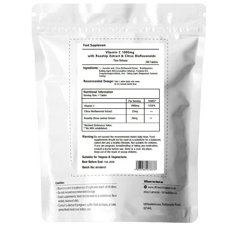 UKHealthHouse Vitamin C with Rosehips & Bioflavonoids - 1000mg - High Strength Ascorbic Acid - Reduction in Tiredness & Fatigue & Skin Health (360 Tablets) 1 count (Pack of 360)