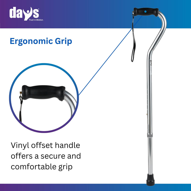 [Australia] - Days Standard Bariatric Offset Cane, Bariatric Cane with Rubber Tip, Heavy Duty Walking Cane for Weight Bearing, Limited Mobility Aid for Elderly, Tall & Heavy Adults, Silver with Black Handle Standard Cane 