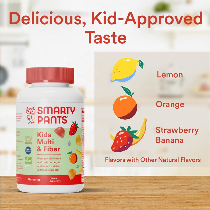 SmartyPants Kids Multivitamin Gummies and Fiber Supplement: Vitamin D3, C, Vitamin B12, B6, A, Zinc, Biotin, Inositol, Fiber Gummies, Three Fruit Flavors, 120 Count (30 Day Supply) 120 Count (Pack of 1) Fiber - 30 Day Supply