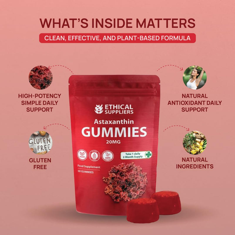 Astaxanthin Gummies - 60 Vegan Astaxanthin 20mg Gummies - 60 Day 2 Month Supply - Natural Antioxidant- Cranberry Flavour