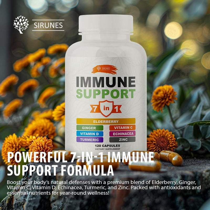 SIRUNES Immune Booster - Immunity Support Multivitamin with Vitamin C, D3, Elderberry, Zinc, Echinacea, Ginger & Turmeric - Antioxidant, Energy, Brain Health & Stress Relief (120 Capsules)