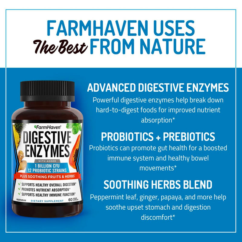 FarmHaven Digestive Enzymes with 18 Probiotics & Herbs, 180 Capsules | Papaya, Bromelain, Protease & More for Lactose Absorption and Better Digestion - Helps Relieve Bloating, Gas and Constipation