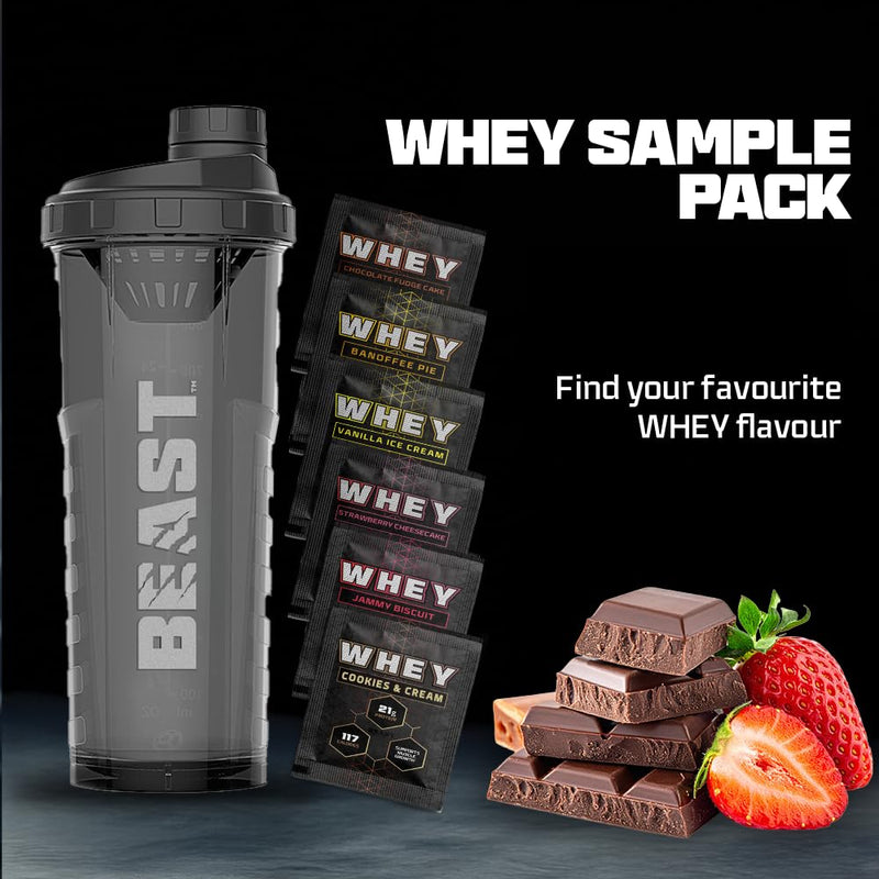 Beast | Protein Shaker Bottle + Whey Protein Powder Samples | 6 Sachets + 1000ml Shaker Gym Gift Set Sample Packs Sample Pack (6 Sachets + 1000ml Shaker)