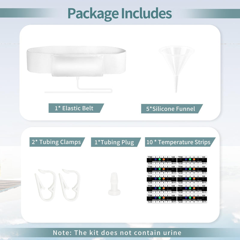 Urine Test Complete Kit with 2-4 oz Sample Pouch, 43.3 inch Concealed Stretch Belt with 5 Liquid Release Outlets, Temperature Strips, Silicone Funnel, Clamps and Plug, Reusable Storage System (White) White-001
