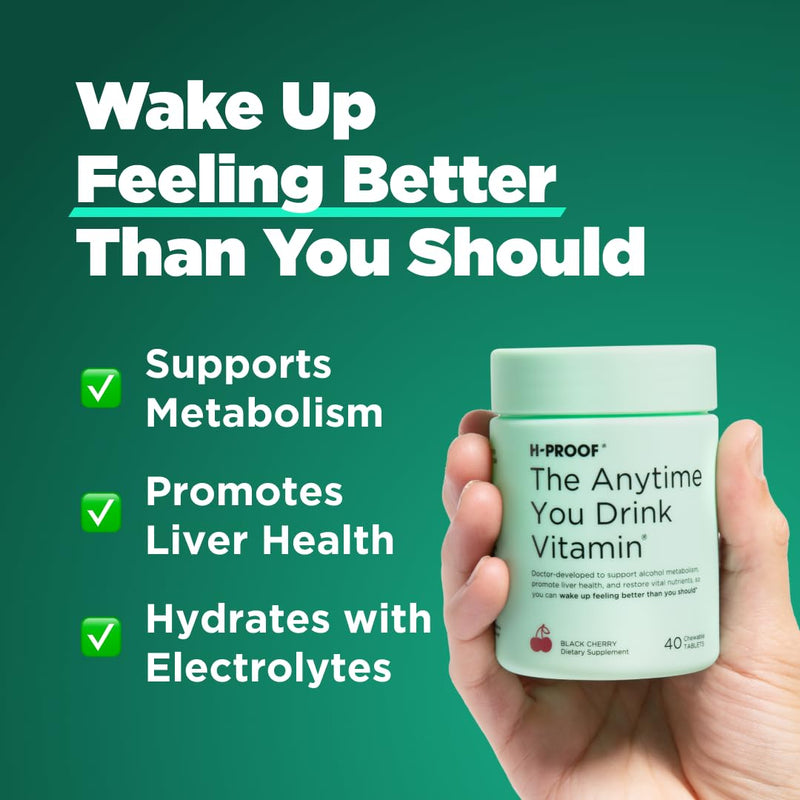 H-PROOF The Anytime You Drink Vitamin, Black Cherry, 40 Chewable Tablets | 20 Servings, Supports Liver Health, Replenishes Electrolytes for Hydration, DHM, Milk Thistle, L-Glutathione, Vitamins B & C