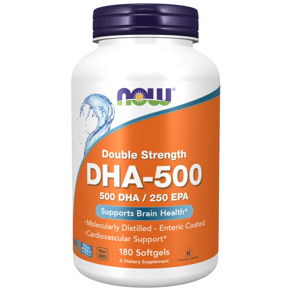 NOW Supplements, DHA-500 with 250 EPA, Molecularly Distilled, Supports Brain health*, 180 Softgels 180 Count (Pack of 1)