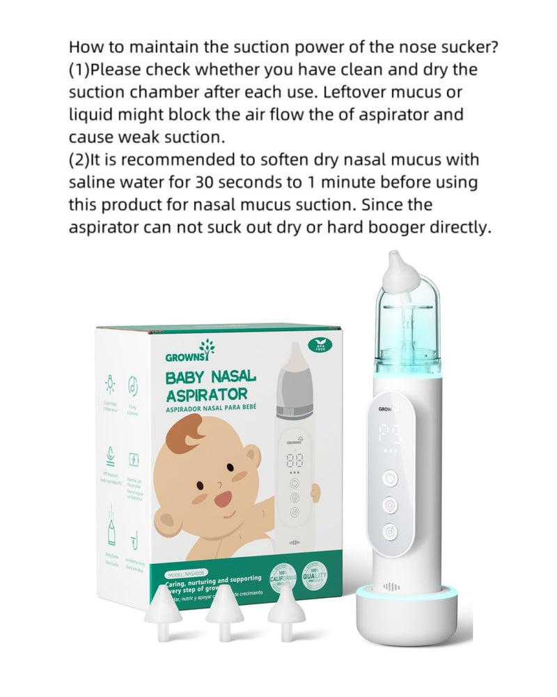 [Australia] - GROWNSY Nasal Aspirator for Baby, Upgraded 5 Suction Levels Baby Nose Sucker, IPX7 Waterproof Electric Nose Suction for Baby, Booger Sucker for Toddlers with Automatic Cleaning &Music &Light Functions Grey Standard 