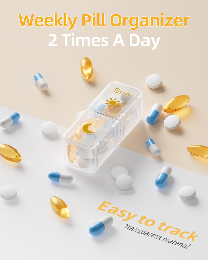 Betife AM PM Pill Organizer 2 Times a Day, 7 Day Pill Box - Yellow | Removable AM/PM Daily Cases; Roomy for Fish Oil and Vitamins; Sturdy ABS Shell with Moisture-Resistant Silicone Protection. Beige
