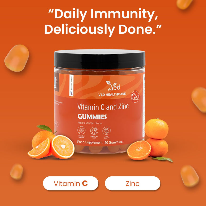 Vitamin C and Zinc Gummies, 120 Tasty Gummies, Natural Orange Flavour, 2 per Day, Gluten-GummiesFree, Non-GMO & Vegan-Friendly, Easy to Chew, Bioavailable Forms (L-Ascorbic Acid & Zinc Citrate)