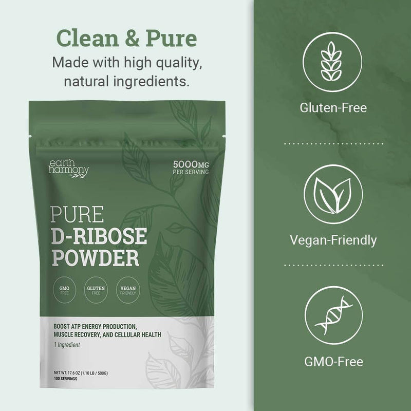 [Australia] - Earth Harmony D-Ribose Powder 5000mg - Great for Exercise Performance, Post-Workout, and Heart Health - Similar to D Ribose Capsules - 17.6 Oz 
