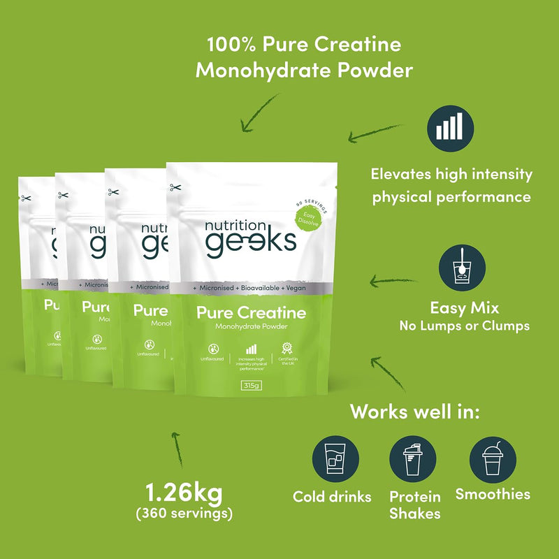 Pure Creatine Monohydrate Powder - 1.26kg (360 Servings) - Easy Dissolve Creatine Powder, Unflavoured & Micronised (Not Creatine Gummies or Creatine Tablets), Vegan Creatine for Women and Men 12 Months Supply (4 Packs)