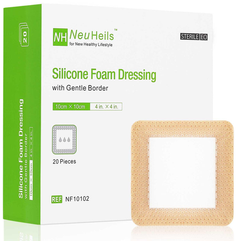 [Australia] - NeuHeils Silicone Foam Dressing with Gentle Border 4''x4'', 20 Pack for Bed Sore Leg Ulcer, High Absorbency Large Waterproof Silicone Wound Bandage 4''x4'' (20 Packs) 