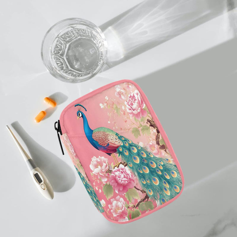 Pink Peacock Pill Case Travel Pill Organizer with Zipper Medicine Box | Pink Flower Peacock Pill Case Weekly 44 Day Portable for Vitamins Birth Control Fish Oils Medication Supplements A:color11