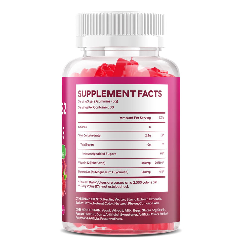 2 Pack Vitamin B2 400mg Gummies with Magnesium, Raspberry, 120 Count | High-Potency Riboflavin with Magnesium for Head Comfort, Energy & Nervous System Support, Sugar Free, Vegan, Non-GMO 60 Count (Pack of 2)