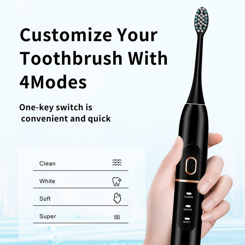 [Australia] - Electric Toothbrush Set, Comes with 8 Brush Heads & Travel Case,4 Modes with 2 Minutes Built in Smart Timer, One Charge for 60 Days, 42000 VPM Motor (Black) Black 
