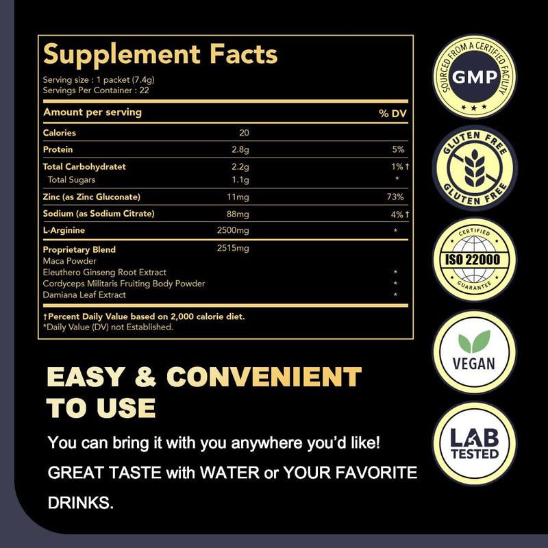 [Australia] - DAIKEN Peruvian Maca Root Powder Extra Strength 15,000 mg, Gelatinized Black, Red, Yellow Maca Blend with L-Arginine (2,500 mg) for Men and Women, Superior Absorption, Vegan, Lab Tested - 22 Packets 