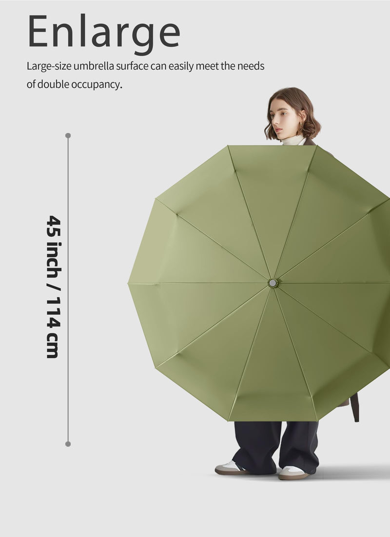 Rain Cats Large 45/50 Inch Umbrellas for rain Strong10 Ribs Fiberglass Umbrella Windproof Wabig Compact Automatic portable Folding Travel Thick Fabric Wood handle A-Olive 41 inches in diameter
