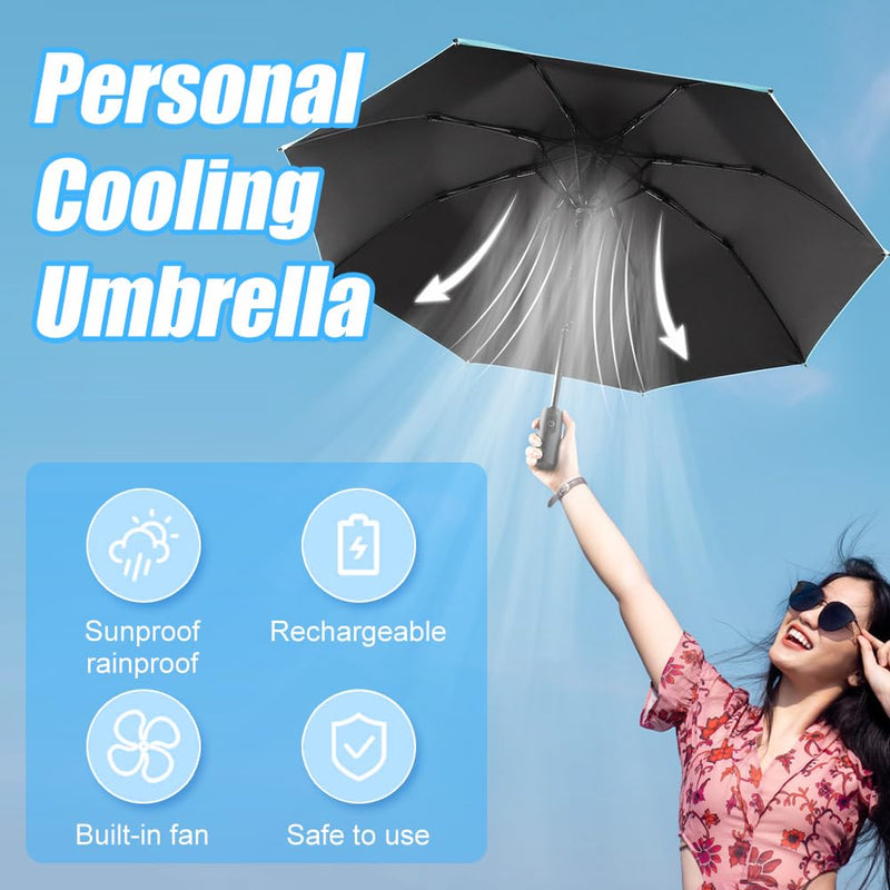 WOOLALA UV Sun & Rain Umbrella with Built-in Cooling Fan UPF 50+ | Portable Foldable Design, USB Rechargeable for Sports Games, Theme Parks on Hot Days Black
