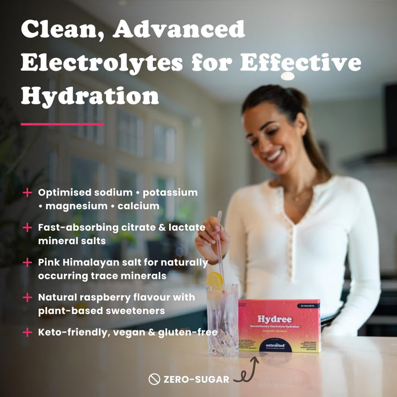 Hydree Advanced Electrolyte Drink Mix, Sodium Potassium Magnesium Calcium Citrate Blend, Natural Raspberry Flavour, Zero Sugar, Himalayan Salt and Stevia, 24 Single-Serve Sachets