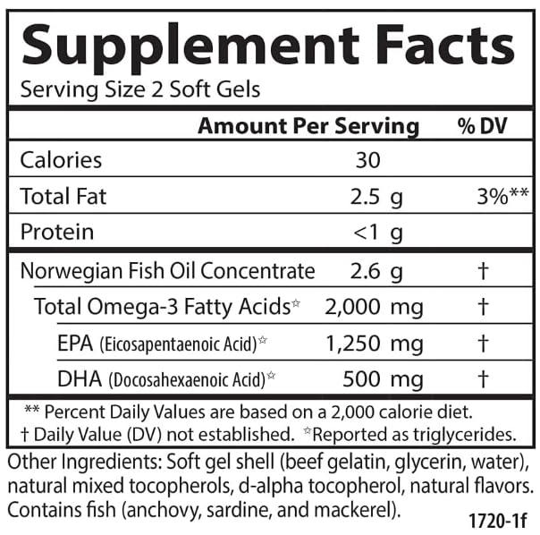 Maximum Omega 2000, 2000 mg Omega-3 Fatty Acids Including EPA and DHA, Wild-Caught, Norwegian Fish Oil Supplement, Sustainably Sourced Fish Oil Capsules, Lemon, 60 Softgels