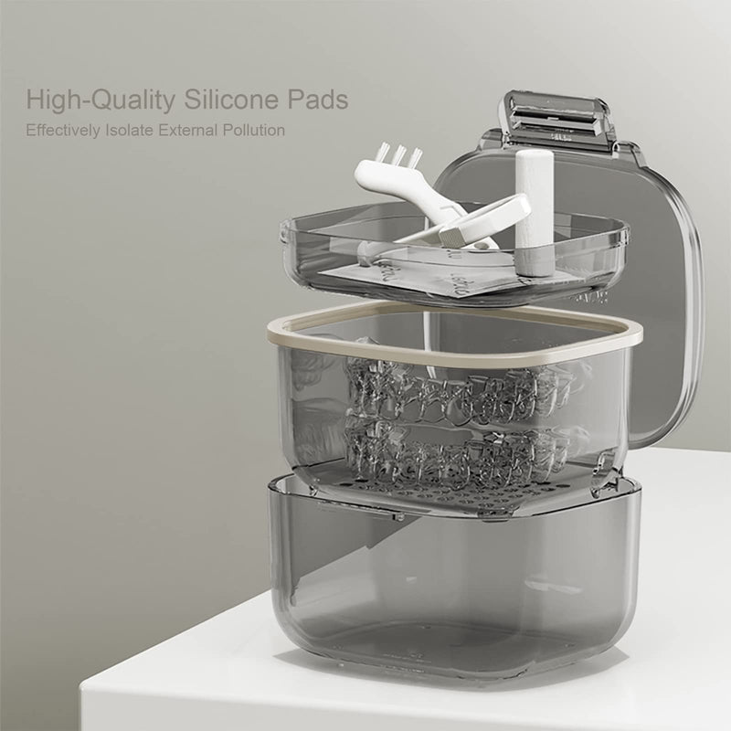 [Australia] - Retainer Case, Retainer Cleaner Case, Unique Denture Bath with Drain Tray, Suitable for Dentures, Denture Bridges, Partial Dentures, Traditional Braces, Etc. (Black) 