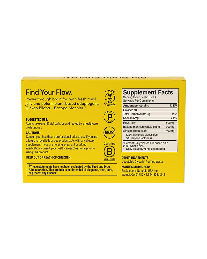 [Australia] - BEEKEEPER'S NATURALS B.LXR Brain Fuel - Memory, Focus and Clarity Liquid Formula, Supports Productivity Royal Jelly, Ginkgo Biloba, Bacopa Monnieri Keto Friendly, Gluten & Caffeine-Free, (6 ct) 2.1 Fl Oz (Pack of 1) 