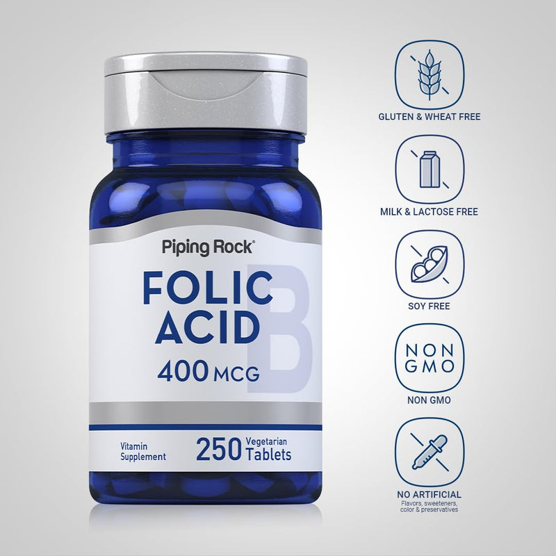 Piping Rock Folic Acid | 400mcg | 250 Vegetarian Tablets | Non-GMO, Gluten Free Supplement
