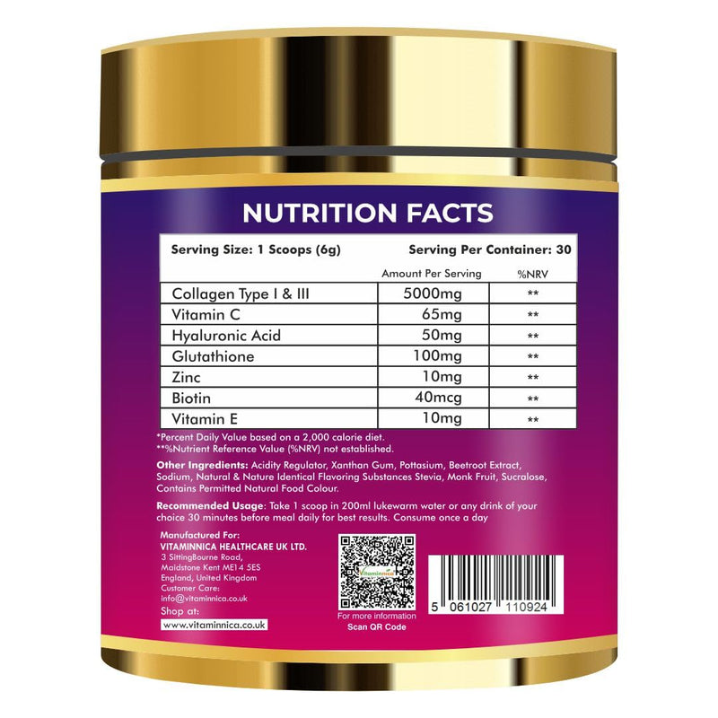 Vitaminnica Vita Beauty Collagen Powder | Type I & III Collagen with Hyaluronic Acid, Biotin, Zinc, & Vitamin C | Supports Skin, Hair, Nails & Joints | 30 Servings (Berries) Mix Berry