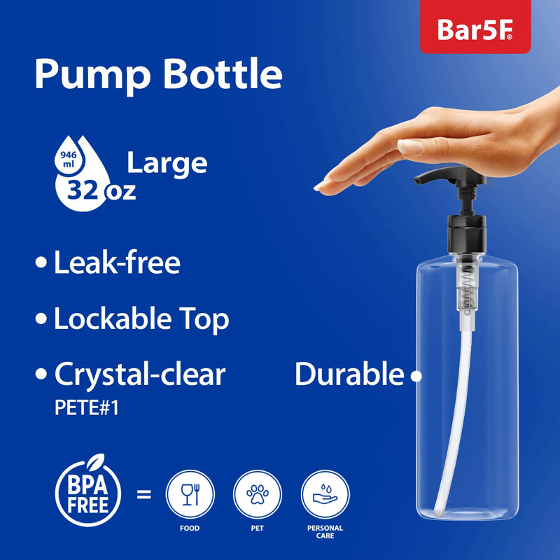 Bar5F Empty Shampoo Bottles with Pumps 32oz/1Liter/Large Pack of 6 | BPA-Free, PETE1 Plastic, Crystal-Clear