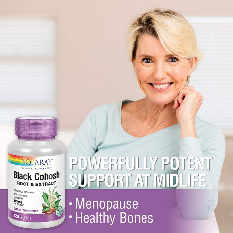 [Australia] - Solaray Black Cohosh Root & Extract 545mg | Womens Health & Menopause Support Supplement | Non-GMO | 120 VegCaps 120 Count (Pack of 1) 