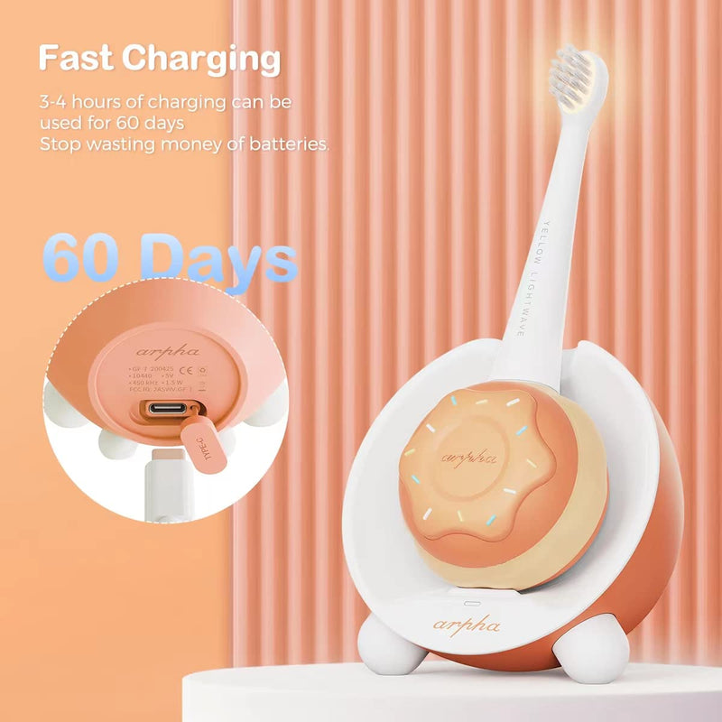 [Australia] - Kids Electric Power Toothbrush Age 1-4, Easy-Grip Silicone Handle, 3 Modes with 2 Minutes Smart Timer, Rechargeable Toothbrush, Orange 