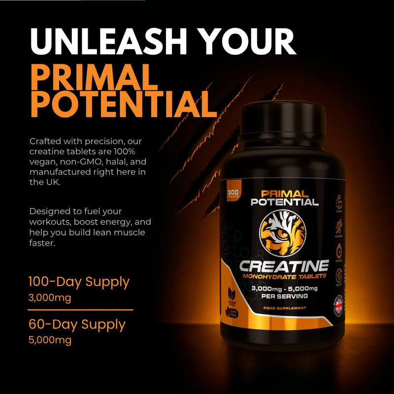 Primal Potential Creatine Monohydrate Tablets | 300 x 1000mg | 3–5g Daily Dose | 60–100 Days Supply | Vegan & Halal | No Powder | Made in UK