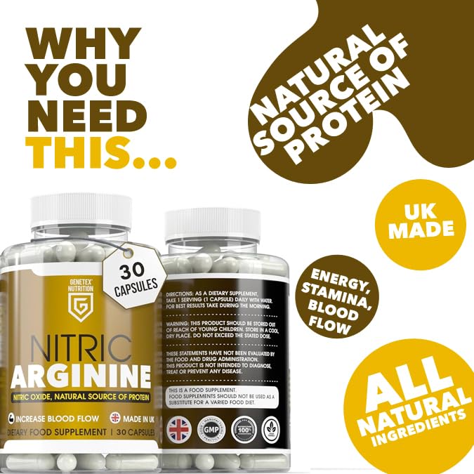Nitric L-Arginine Nitric Oxide Booster | Natural Protein Source Supplement | Testosterone Supplements for Men | Supports Performance, Energy & Stamina, Vegan & Vegetarian Friendly, 30 UK Made Capsules