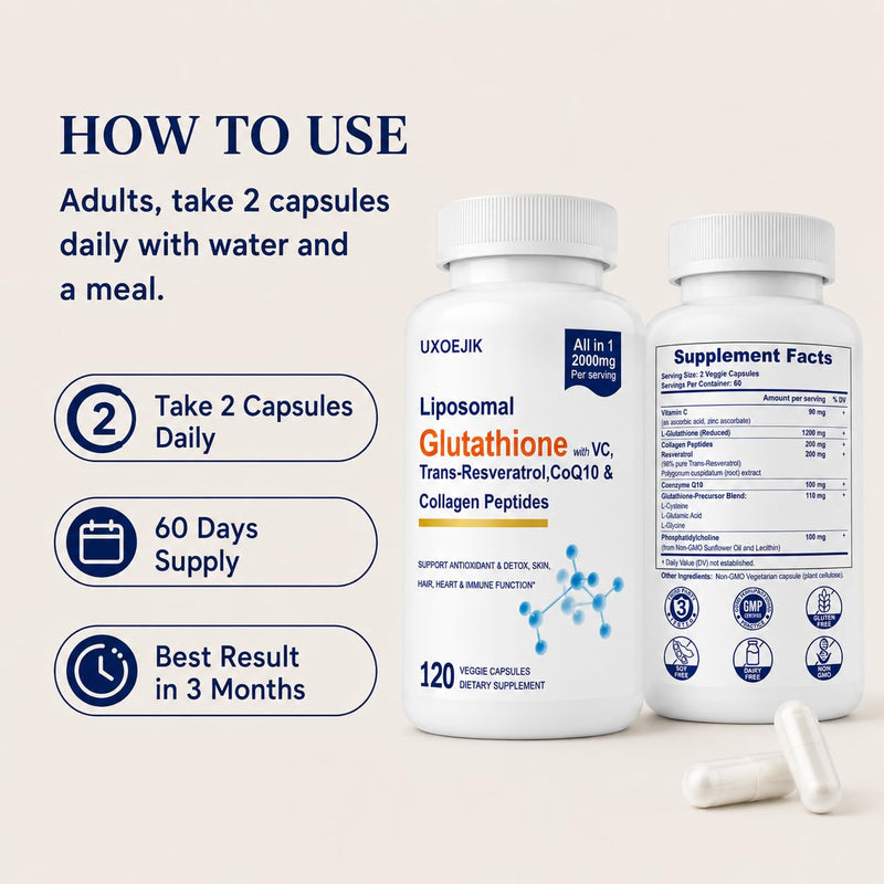 Liposomal Glutathione Supplement, 2000MG Glutathione Liposomal, 120 Count | Glutathione with VIT C, Resveratrol, Antioxidant Reduced L-Glutathione for Liver Detox and Immune Energy Skin Support