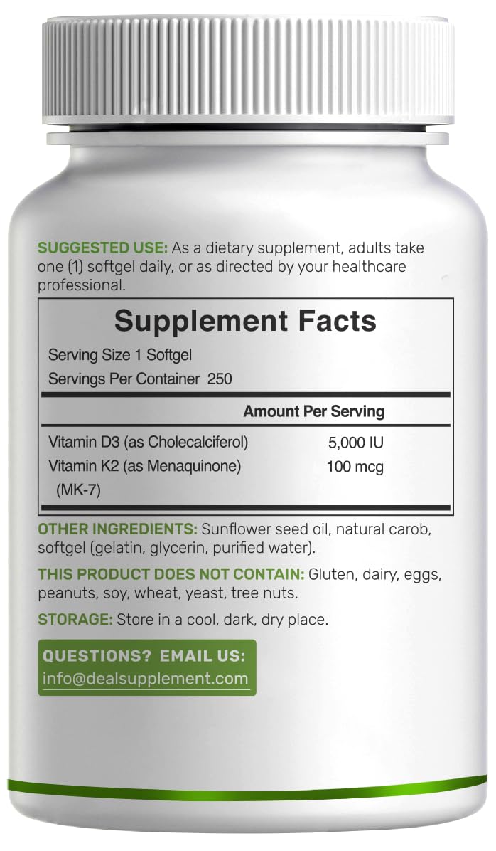 DEAL SUPPLEMENT Vitamin D3 5,000 IU + K2 MK7 Softgels, 250 Count | 2-in-1 Complex | Easy to Swallow 250 Count (Pack of 1)