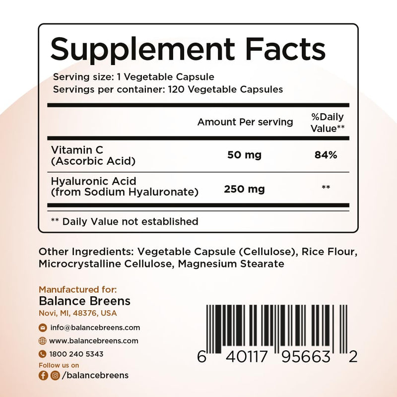 [Australia] - Pure Hyaluronic Acid Supplements 250mg with Vitamin C 50mg - 120 Vegan Capsules - Skin Hydration for Natural Glow - Pure HA Supplement w/Hair, Nails, Bone & Joint Health Formula 120 Count (Pack of 1) 