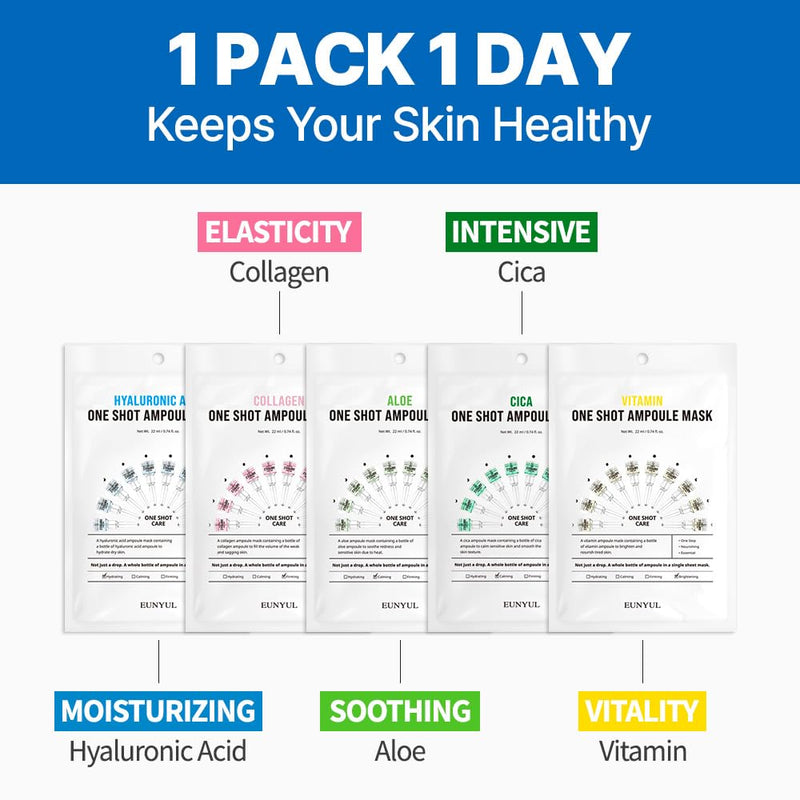 EUNYUL One Shot Ampoule Sheet Mask (10-Pack, 5 Types × 2 Sheets) | Hydrating & Soothing Facial Masks with Vitamin, Collagen, Cica, Aloe & Hyaluronic Acid
