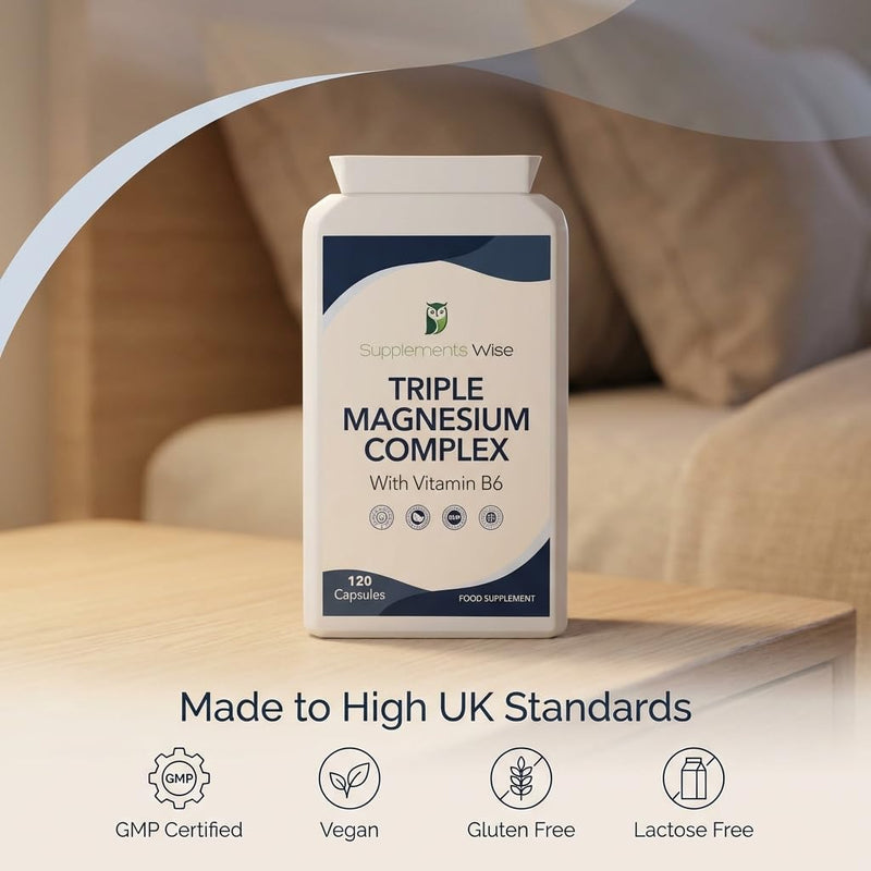 Triple Magnesium Complex - 3 in 1 Blend - Bisglycinate, Malate and Taurate with Vitamin B6 - Magnesium Complex Supplements Suitable for Women and Men - 120 High Strength Capsules