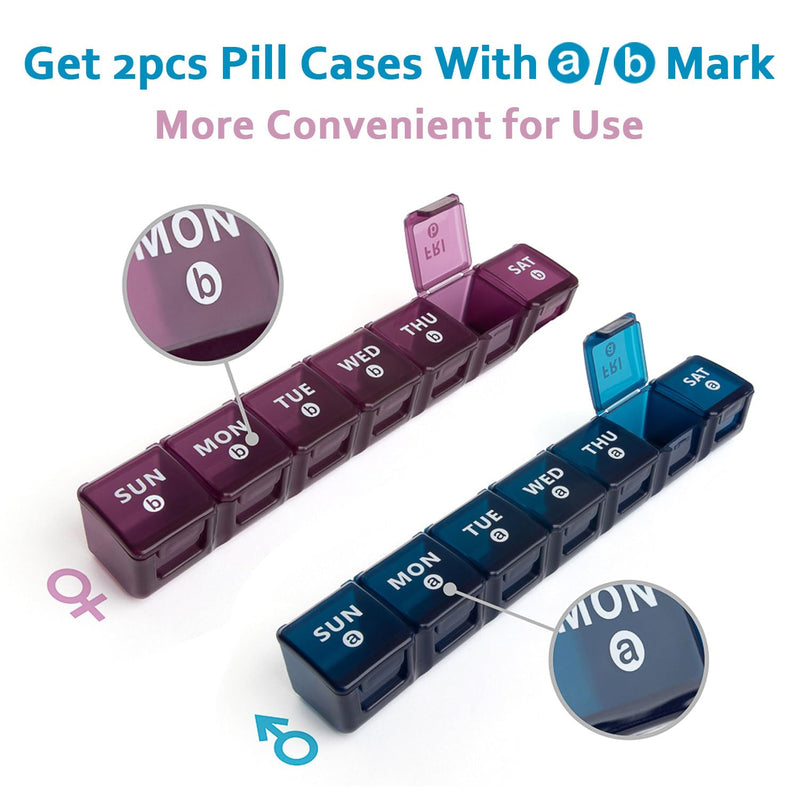 [Australia] - 2-Pack Weekly Large Pill Organizer for Travel, 7 Day Pill Boxes and Organizer, Big Compartments Pill Case AM PM,14 Day XL Medication Organizer Dispenser for Fish Oils, Vitamin Holder Supplement Blue-purple 