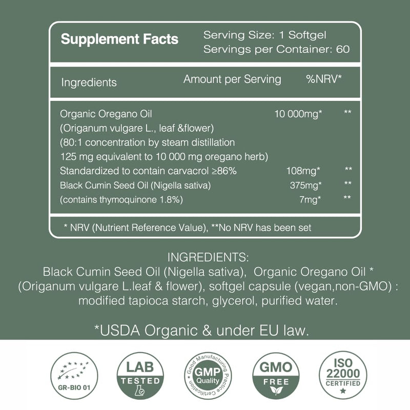 2in1 Oregano & Black Seed Oil Softgels – 108mg Carvacrol & 375 mg Thymoquinone – Organic, Vegan, Non-GMO – Wellness Support – 60 Capsules