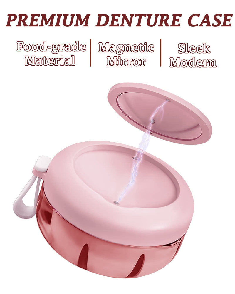 Denture Case, Definitely No-Leak Denture Bath Box for Traveling Perfectly, Denture Cup with Strainer & Magnetic Mirror,Completely Clean Care for Retainer, Mouth Guard, & Denture(PINK)… PINK