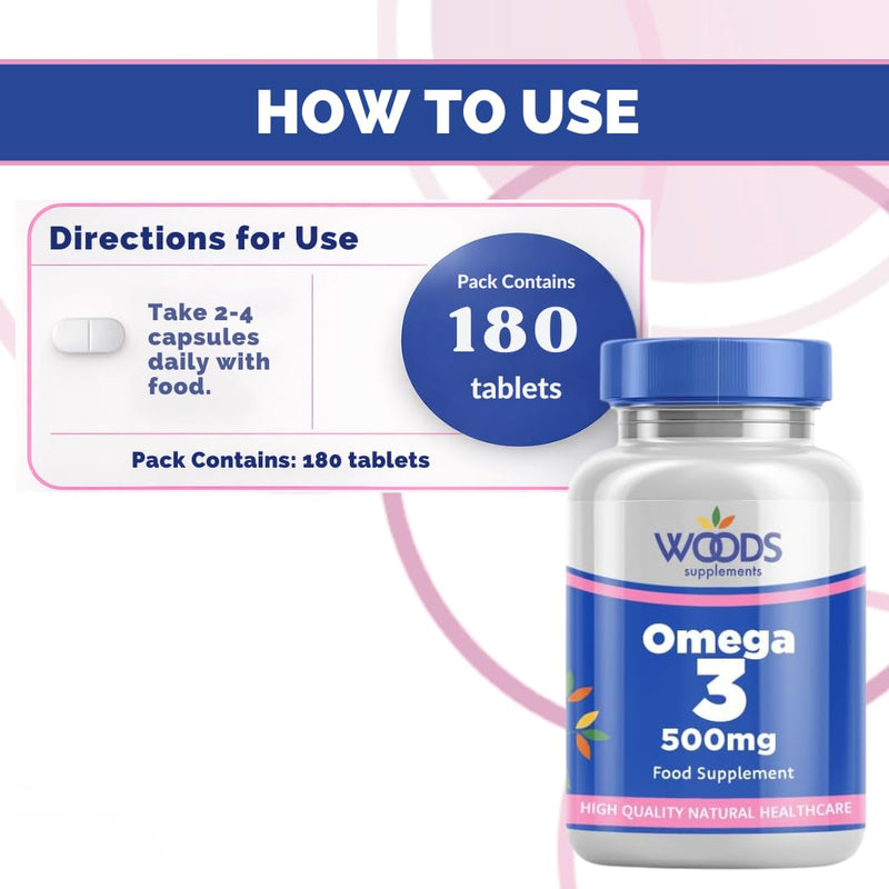 Woods Supplements - Omega 3 Pure Fish Oil 500mg Capsules (180x). High Strength Omega 3 with EPA & DHA. Sustainably Sourced. Essential Fatty Acids for Heart, Brain & Immune Boost. Fish Oil Supplements 180