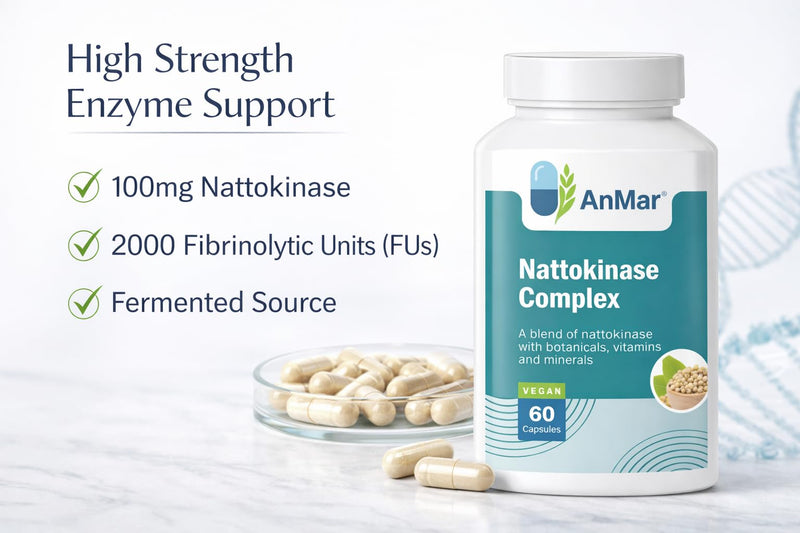 AnMar® Nattokinase Complex 2000 FU – 100mg Nattokinase Enzyme with Black Seed, Green Tea & Selenium – Fermented Soy Nattokinase Supplement – 60 Vegan Capsules