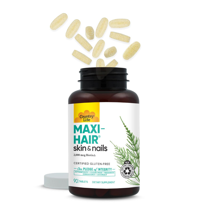 Country Life Maxi-Hair 2,000 mcg Biotin, Hair Skin Nails, 90 Tablets | 2,000 mcg biotin plus vitamins, minerals and Maxi Blend supports healthy hair, skin and nails. Unflavored 90 Count (Pack of 1)