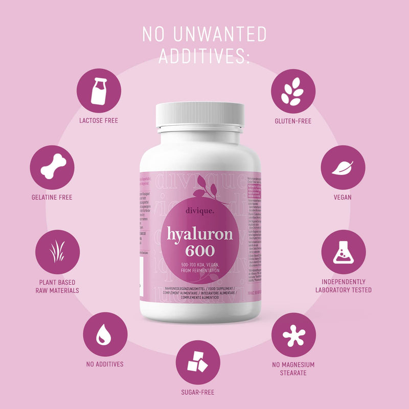 Hyaluronic Acid Supplement 600mg per Capsule (500-700 KDA) - 3 Months Supply - Double Potency 90 Hyaluronic Acid Capsules - Vegan, Fermented - Formula with Vitamin C, Zinc, Copper, Selenium, D-Biotine