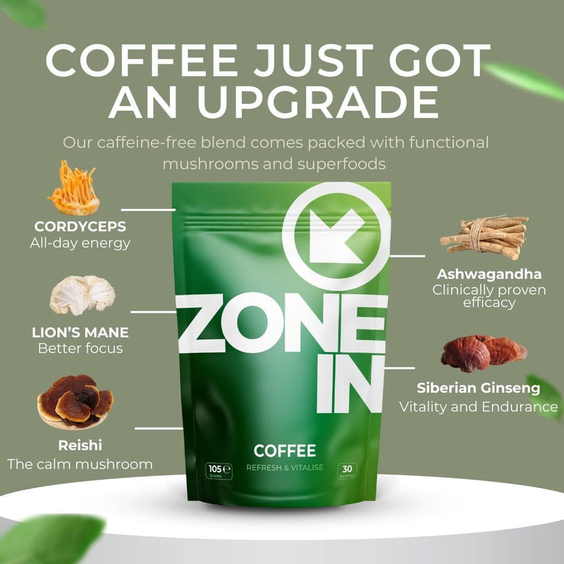 Zone in Mushroom Coffee 105g, 30 Servings with Lion's Mane. Cordyceps, Reishi & Ashwagandha - Advanced Functional Mushroom Complex, Mushroom Supplement, Experience Sharper Focus & Energy