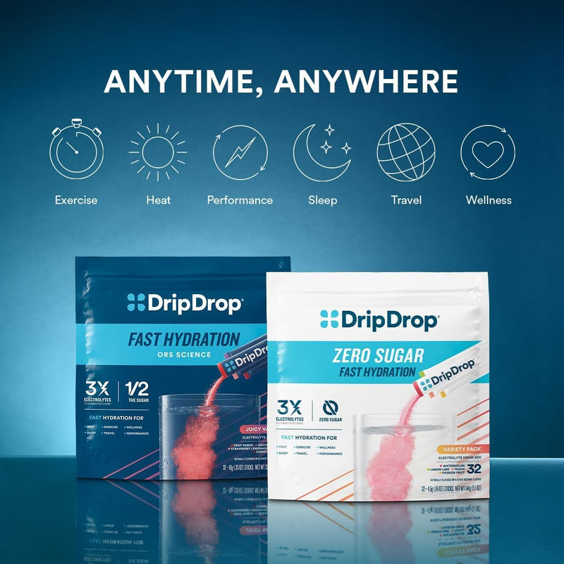 DripDrop Hydration Grape Electrolyte Packets, Powder Drink Mix, 32 Count | Grape; 3X Electrolytes; Potassium, Magnesium, Zinc, Vitamin C; Single Serve; Portable; Daily Use, Workouts, Travel
